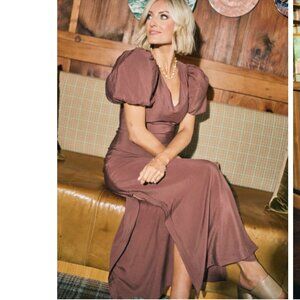 Anthropologie x Loverly Grey Puff Sleeve V-Neck maxi Dress NWT! Size xs